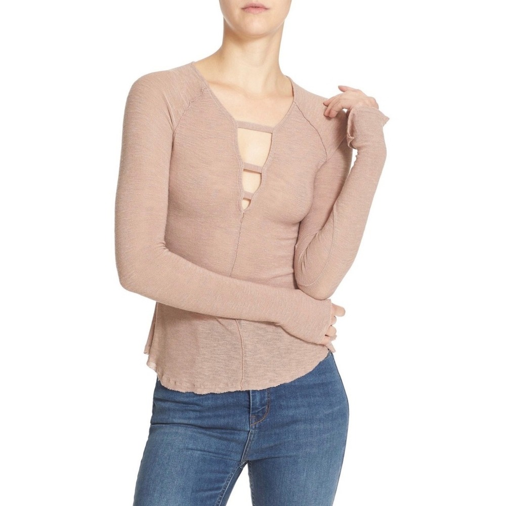 Free People Intimately Mauve Thermal V-Neck Strappy Raw Seam Top‎ Women Small